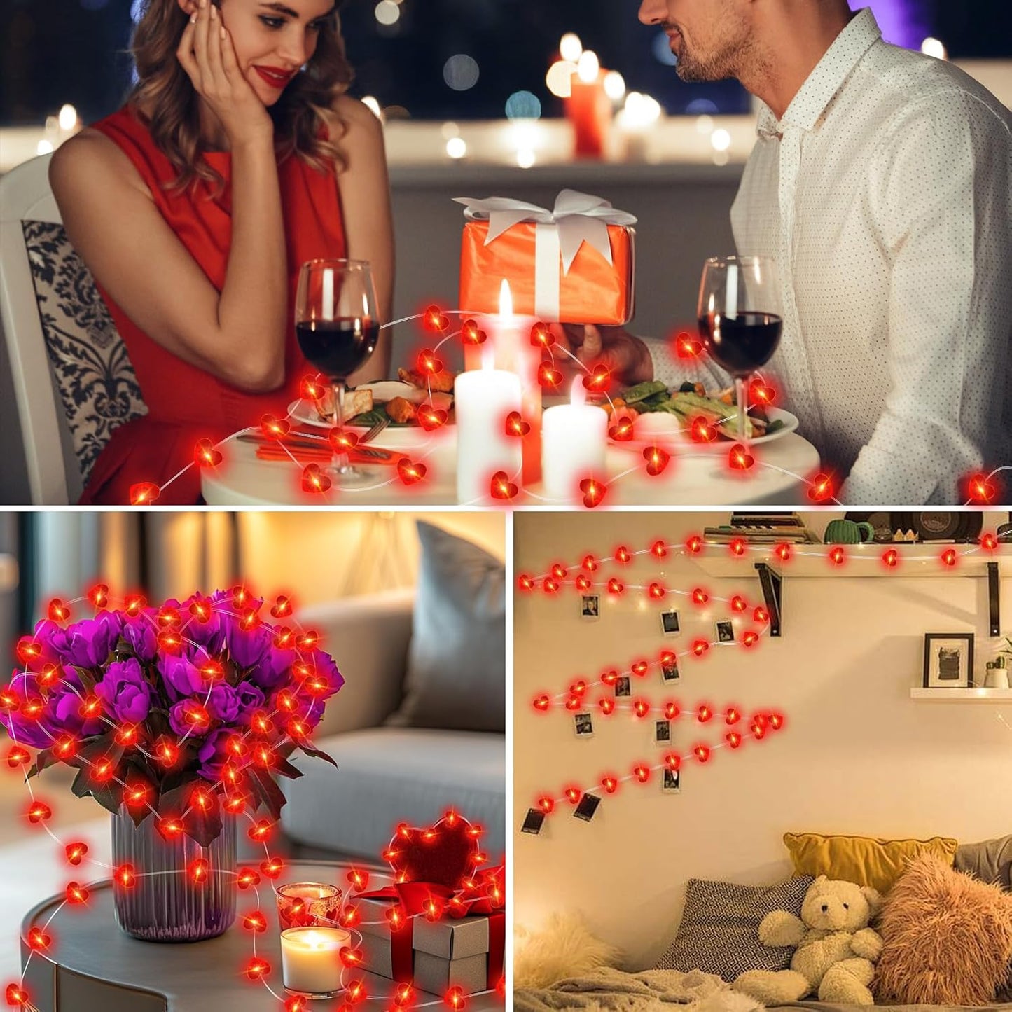 Valentine's Day Red Heart Fairy Lights - 7Ft 20 LED Twinkle String Lights | Battery Operated & Waterproof