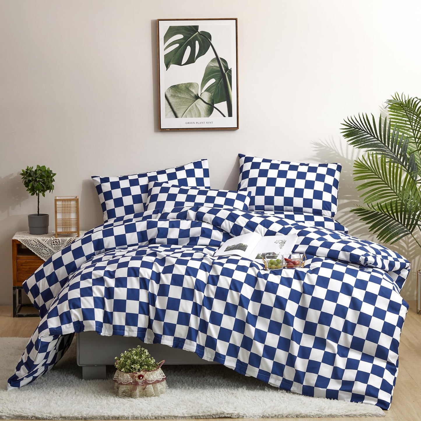 Luxlovery Blue Plaid Comforter Set Cal King Blue Grid Bedding Comforter Set California King Check Buffalo Modern Chic Blanket Soft Breathable Bright Blue Geometric Abstract Bedding Set