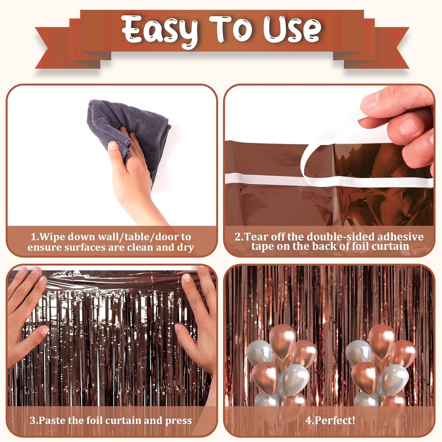 Voircoloria Brown Foil Fringe Backdrop Curtains - 3 Pack Tinsel Streamers for Parties | 3.3 x 8.2 ft
