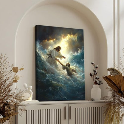 KFYMP Jesus Wall Art - Jesus Rescuing Peter Canvas Print - Faith-Based Home Decor | 12x16 Inch