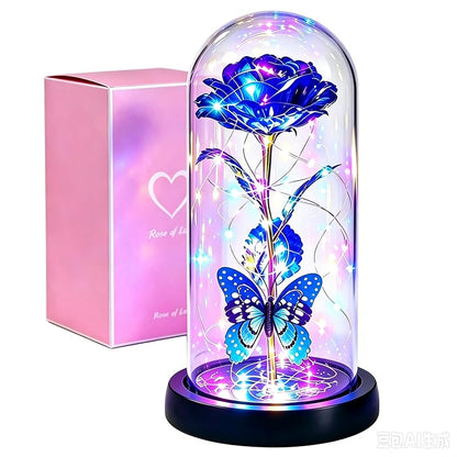 Blue Galaxy Rose LED Glass Dome with Butterfly Ornament – Valentines Gift for Women