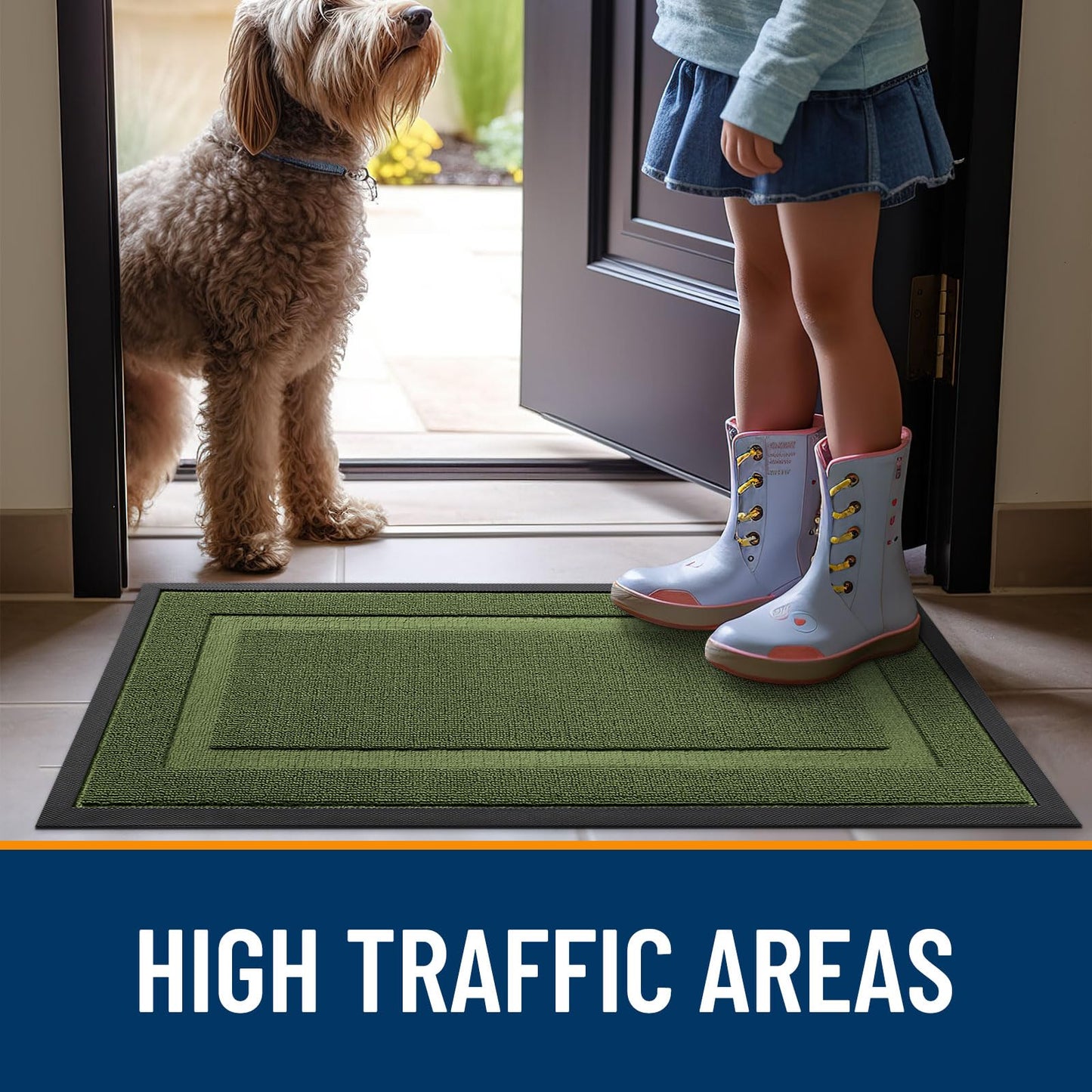 OLANLY Front Door Mat Indoor Outdoor Entrance, Waterproof All-Season, All-Weather Doormat, Sturdy Natural Rubber, Low Profile, Easy Clean Patio Porch Entryway Mat, 29.5x17, Classic Green