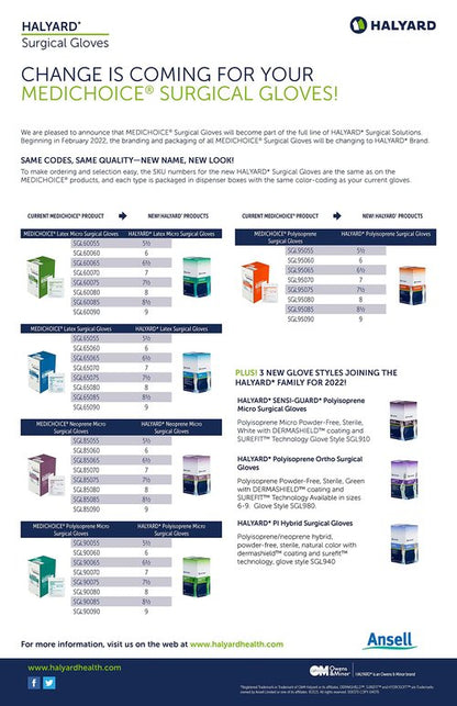 HALYARD Micro Surgical Gloves Sterile Neoprene Individually Wrapped Pairs Powder Free Medical Disposable Gloves, 5.9 mil, Size 7.0 Medium, Cream, SGL85070 (Box of 50 Pairs - 100 Total)
