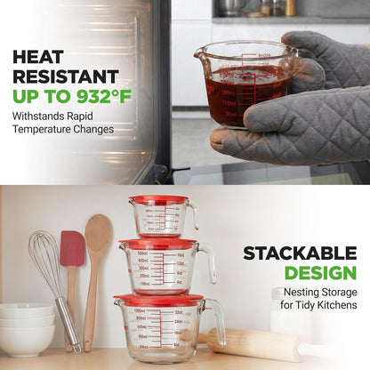 NutriChef Glass Measuring Cup Set - Heat-Resistant Borosilicate with Lids | 1, 2 & 4 Cups (8, 17, 34 oz)
