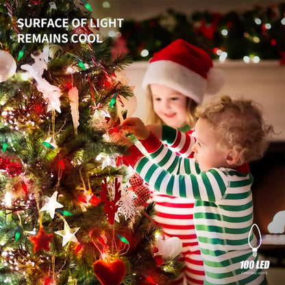 WATERGLIDE C6 33ft LED Christmas String Lights - 100 Faceted Bulbs, Waterproof, 8 Modes | Red & Green