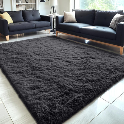 OLANLY Large Area Rug - Soft Fluffy Shaggy Carpet for Living Room & Bedroom | 5x8 ft, Black