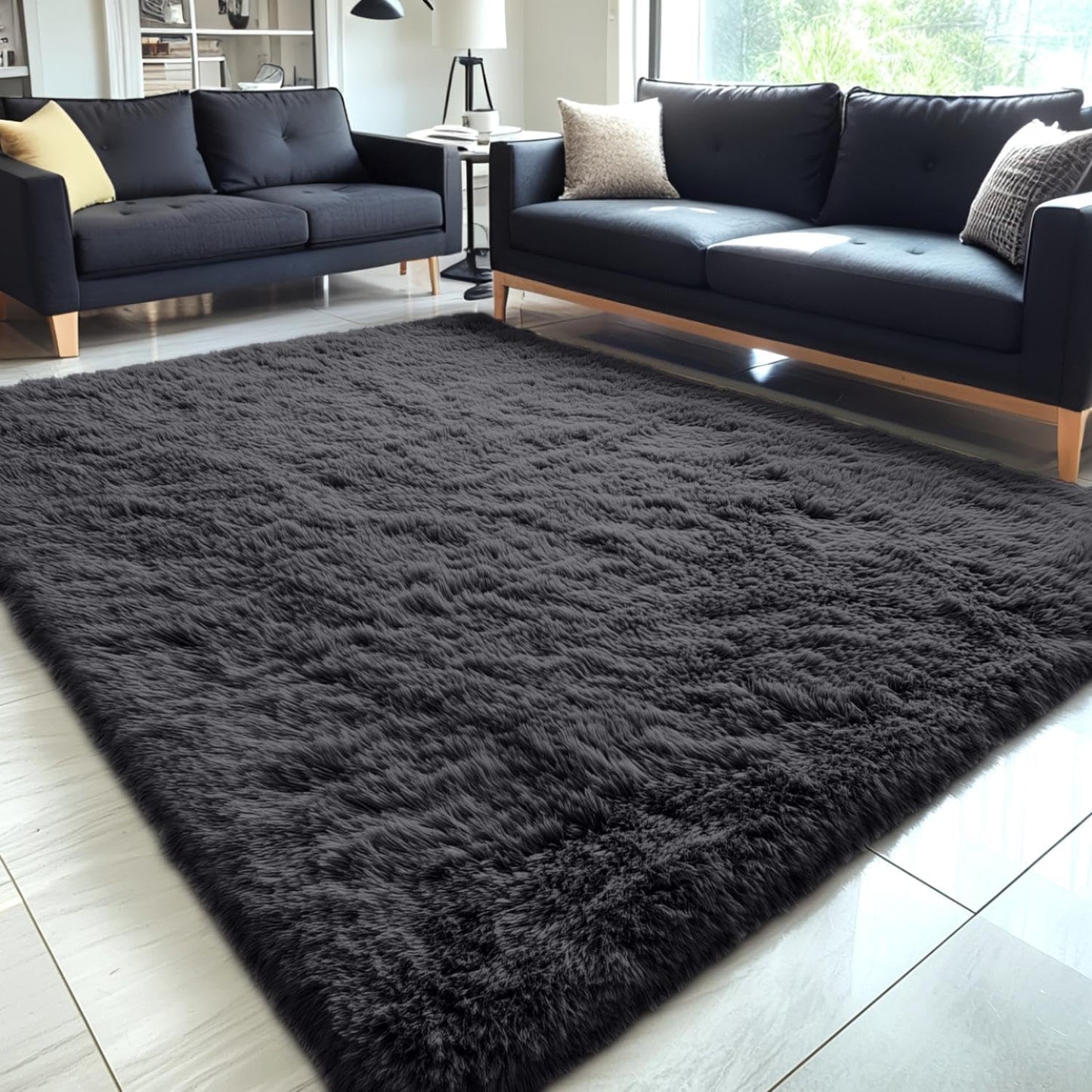 OLANLY Large 5x7 Machine Washable Area Rug - Soft Fluffy Shaggy Carpet for Living Room & Bedroom | Black