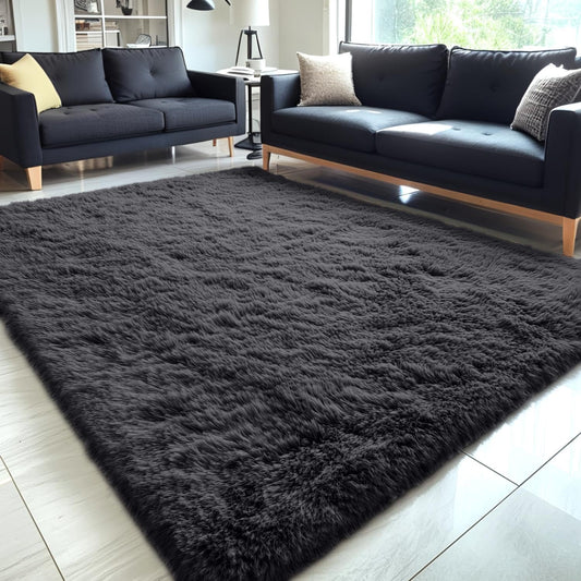 OLANLY Large 5x7 Machine Washable Area Rug - Soft Fluffy Shaggy Carpet for Living Room & Bedroom | Black