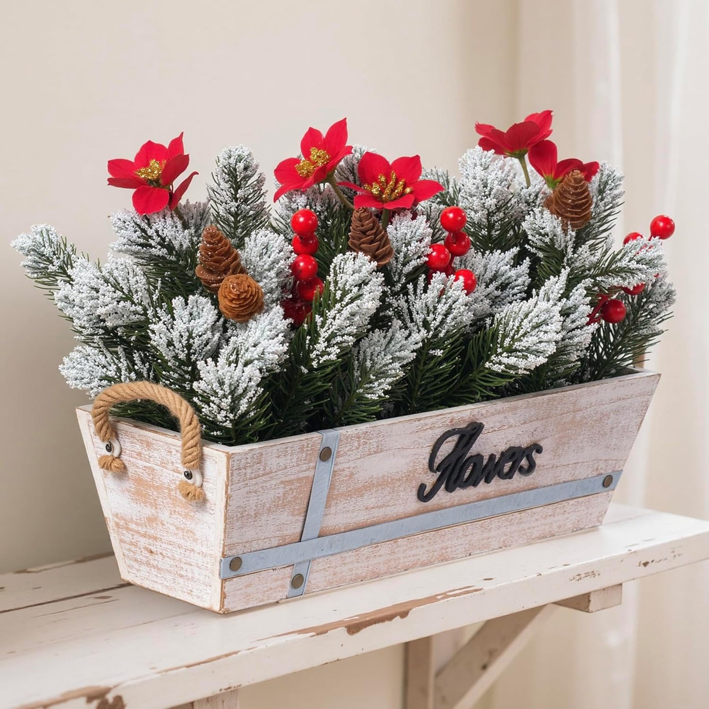 Skiennix Artificial Christmas Centerpiece - Snowy Norfolk Pine Garland with Poinsettias & Berries | Rustic Wood Planter for Holiday Home Decor