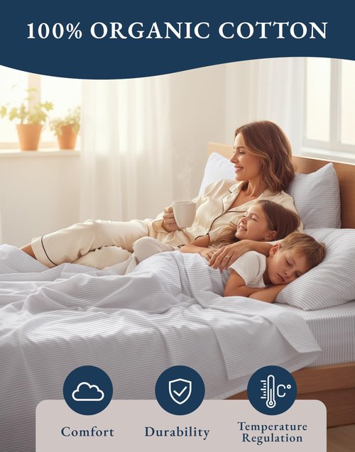 LANE LINEN 100% Organic Cotton Printed California King Sheets Set, 4-Piece All Season Fully Elasticized Deep Pocket Fits Mattress Upto 15", Mercerized Printed Cal King Sheet Set -Ticking Stripe Blue