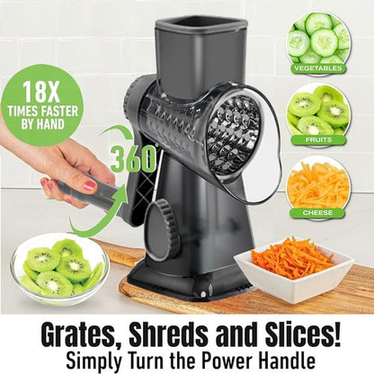 Cheese Grater - Hand Crank Rotary Vegetable Shredder with 3-in-1 Interchangeable Blades | Non-Slip Base