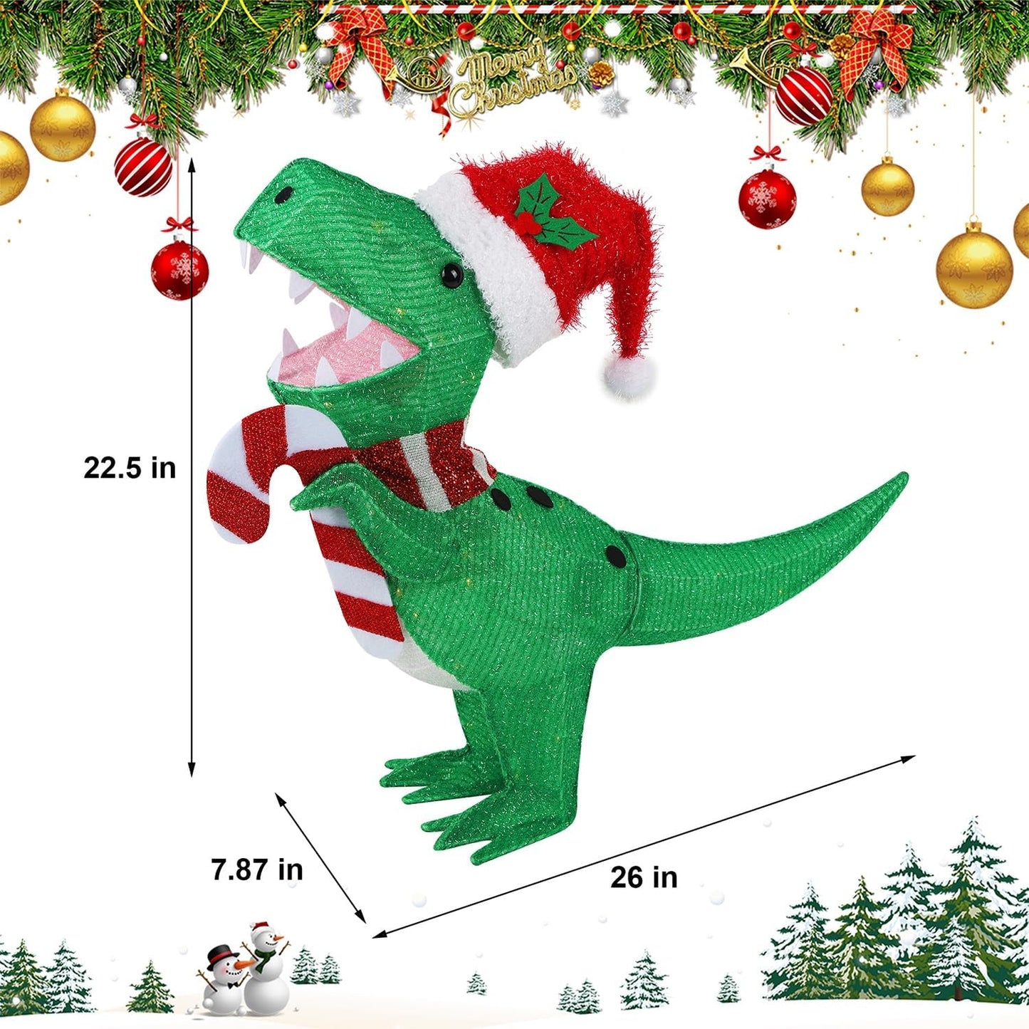 Waterglide Lighted Christmas Dinosaur | 22.5-Inch Pre-Lit 3D Tinsel Tyrannosaurus with Red Hat for Outdoor Holiday Decor