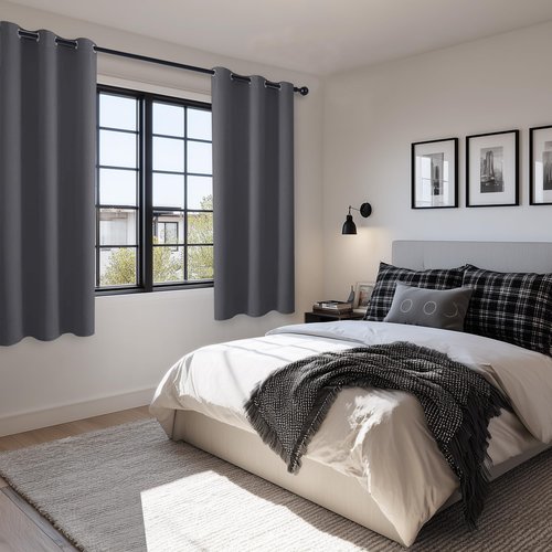 Hiasan Grommet Blackout Curtains for Bedroom, 42 x 63 Inches Length - Thermal Insulated & Light Blocking Window Curtains for Living Room, 2 Drape Panels Sewn with Tiebacks, Dark Grey