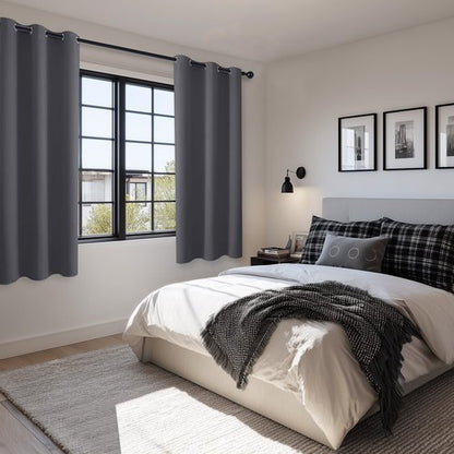 Hiasan Grommet Blackout Curtains for Bedroom, 42 x 63 Inches Length - Thermal Insulated & Light Blocking Window Curtains for Living Room, 2 Drape Panels Sewn with Tiebacks, Dark Grey