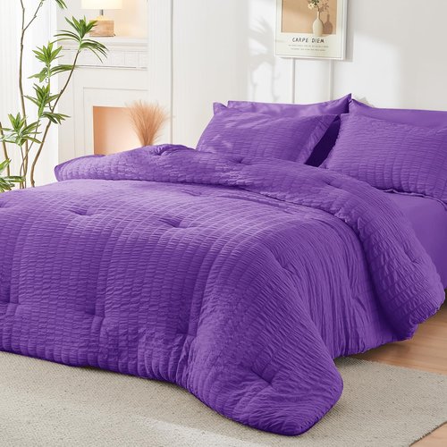 HYMOKEGE Bright Purple California King Comforter Set Seersucker 7 Pieces, All Season Luxury Bed in a Bag for Bedroom, Bedding Set with Comforter, Sheets, Pillowcases & Shams