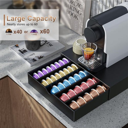 Coffee Pods Drawer Organizer - Nespresso Vertuo Compatible | Holds 60 Small or 40 Large Pods (Black)