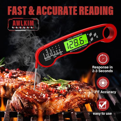 AWLKIM Digital Meat Thermometer - Instant Read Waterproof Kitchen & Grill Thermometer | Red with Backlight
