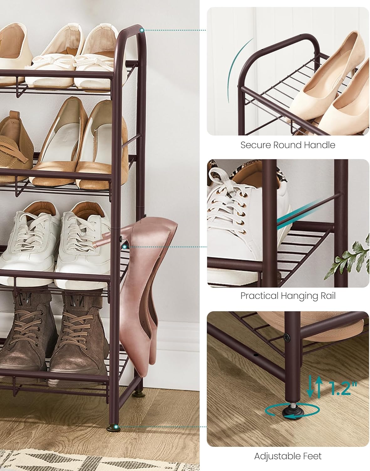 SONGMICS 4-Tier Metal Shoe Rack - Adjustable Slanted Shelves, Holds 16 Pairs, Bronze Finish for Small Spaces