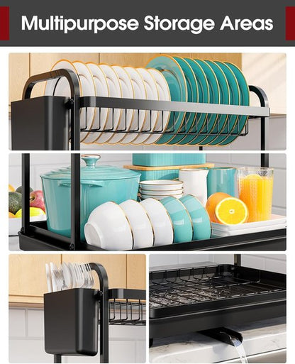 2-Tier Dish Drying Rack - Stainless Steel Kitchen Organizer with Cutlery Holders | 15" W x 11.4" L x 15" H, Black
