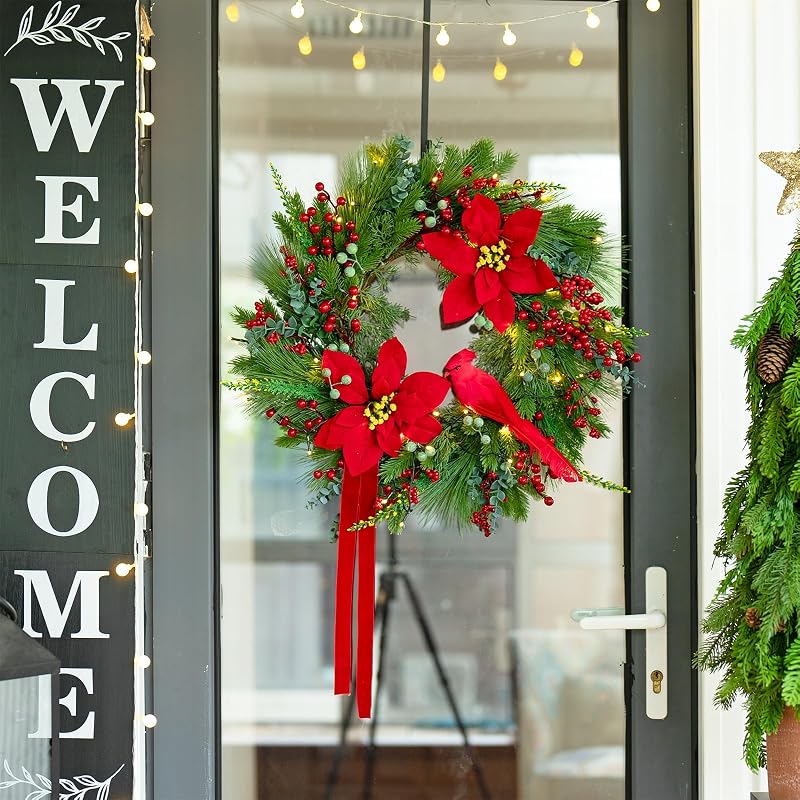 24-Inch Pre-Lit Christmas Door Wreath with Cardinal Birds & Poinsettia