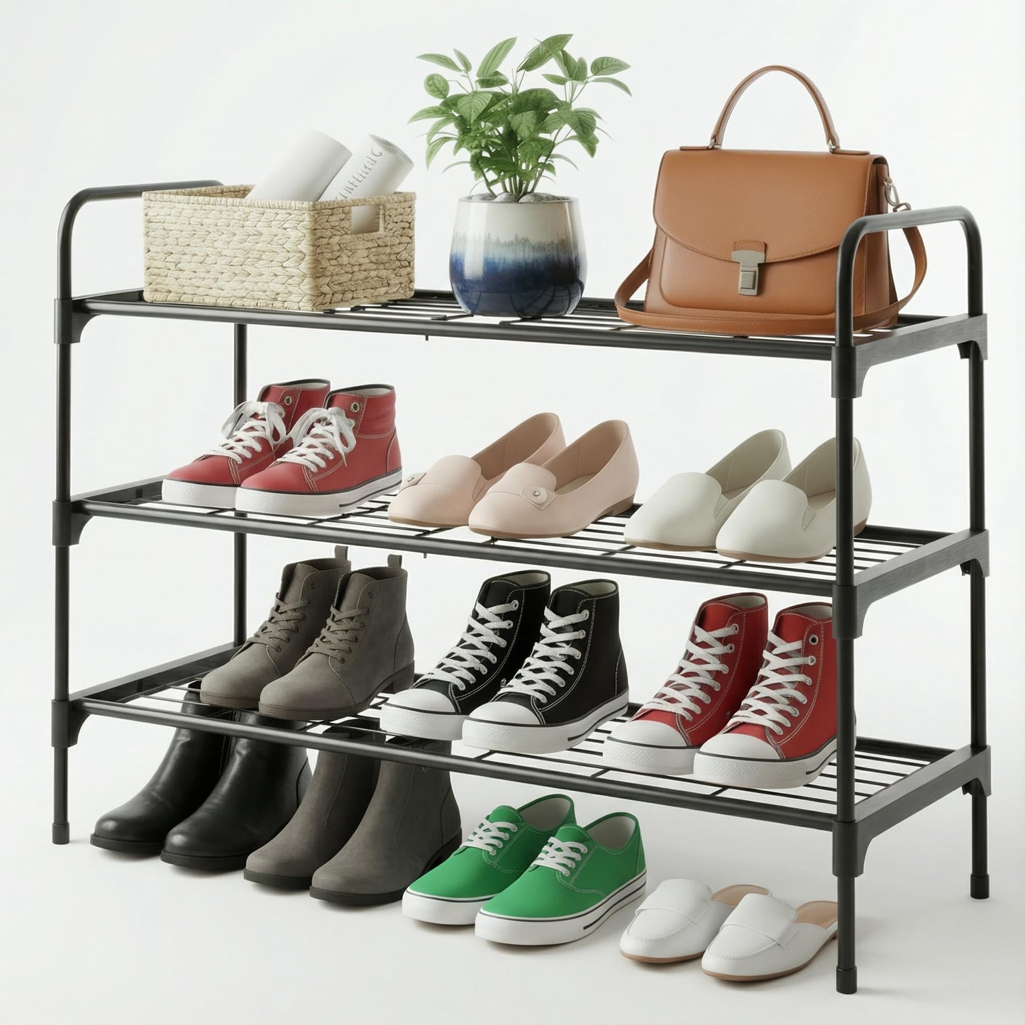Tujurich 3-Tler Shoe Rack Organlzer, Rustproof lron, Spaclous Shoe Storage Shelf for Closet or Entryway, Fits Sneakers & Slippers, Black