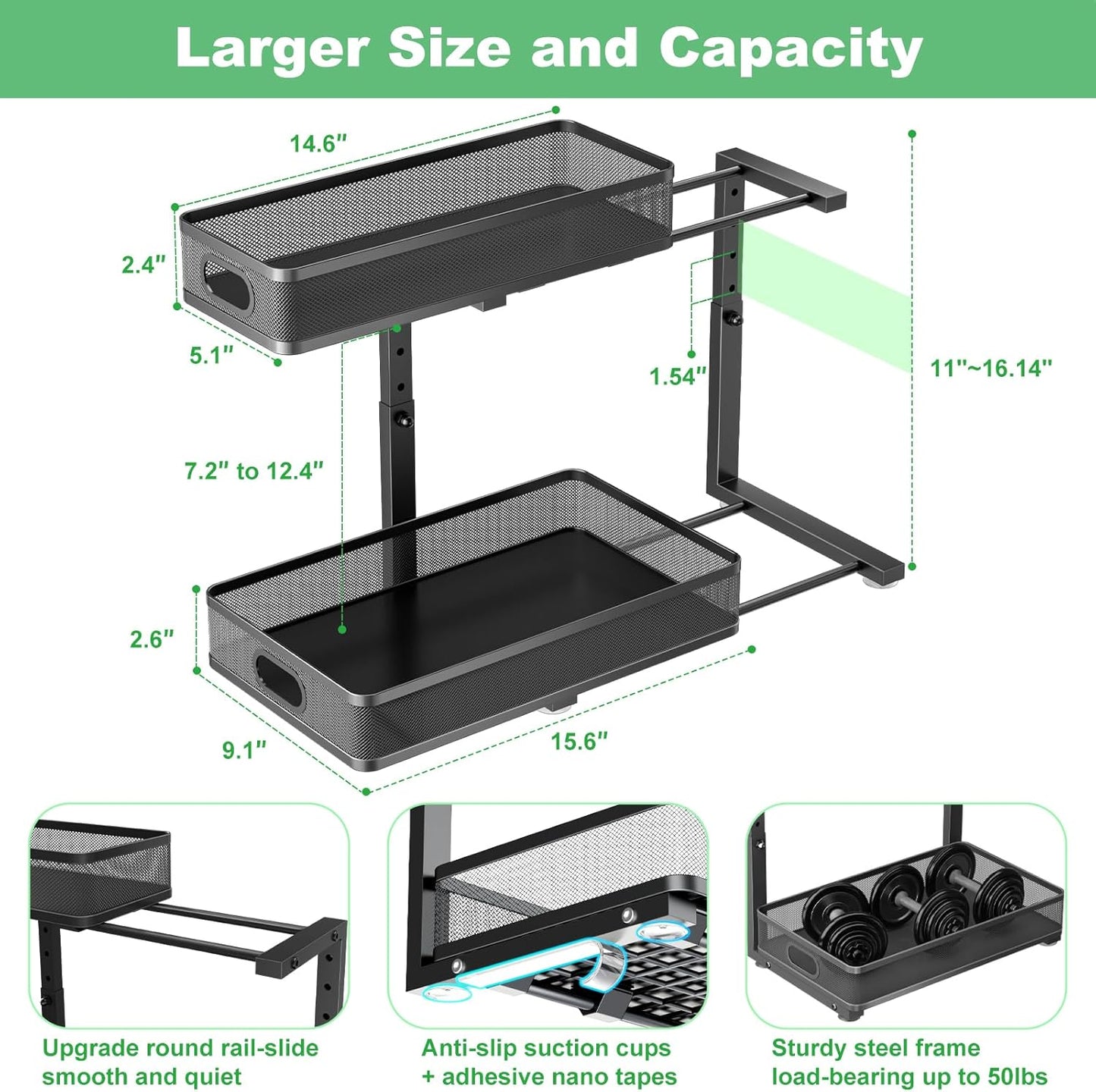 Under Sink Organizer - Adjustable 2-Tier Metal Storage Solution | Pull-Out Drawer for Kitchen & Bathroom (Black)
