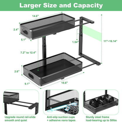 Under Sink Organizer - Adjustable 2-Tier Metal Storage Solution | Pull-Out Drawer for Kitchen & Bathroom (Black)