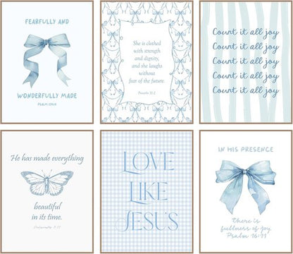 Coquette Blue Bow Wall Art Decor - Inspirational Bible Verses for Teen Girls | Light Blue 8x10 Unframed