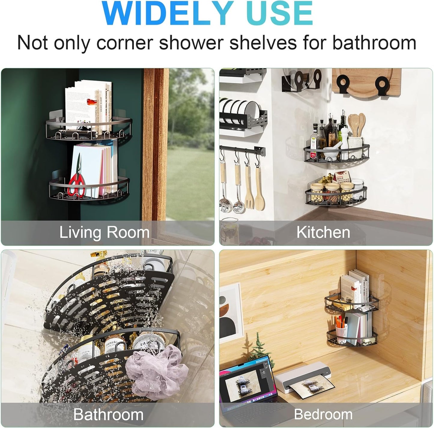 Skiennix Corner Shower Caddy - 2 Pack Adhesive Bathroom Organizer Shelf | No Drilling, Rustproof, Black