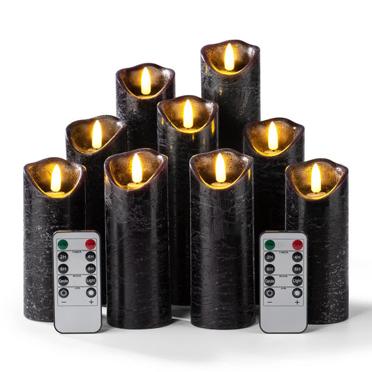 Hausware Set of 9 Flameless Candles Battery Operated LED Real Wax Flickering Electric Candles with Remote Control Timer for Wedding Birthday Halloween Christmas Decorations (Black Color)