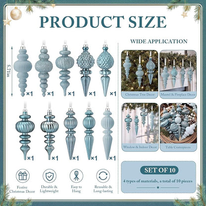 Blue Velvet Christmas Ornament 10-Piece Set - 5.71in Matte/Glitter/Flocked Design, Neutral Holiday Decor (Variation: Blue+10)