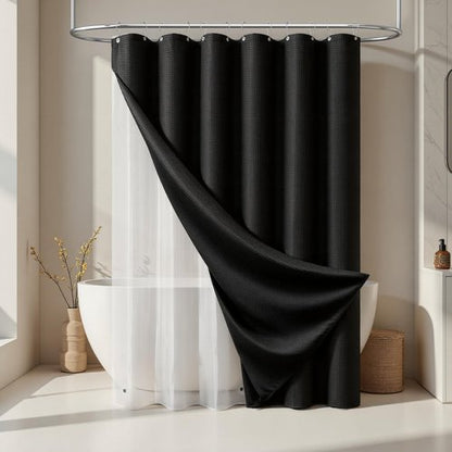 Dynamene Stall Shower Curtain and Liner Set - 36 x 72 inch Half Waffle Fabric, Narrow Waterproof Clear Liner, Heavy Duty Weighted Hotel Luxury Cloth Shower Curtains for Bathroom with 6 Hooks, Black