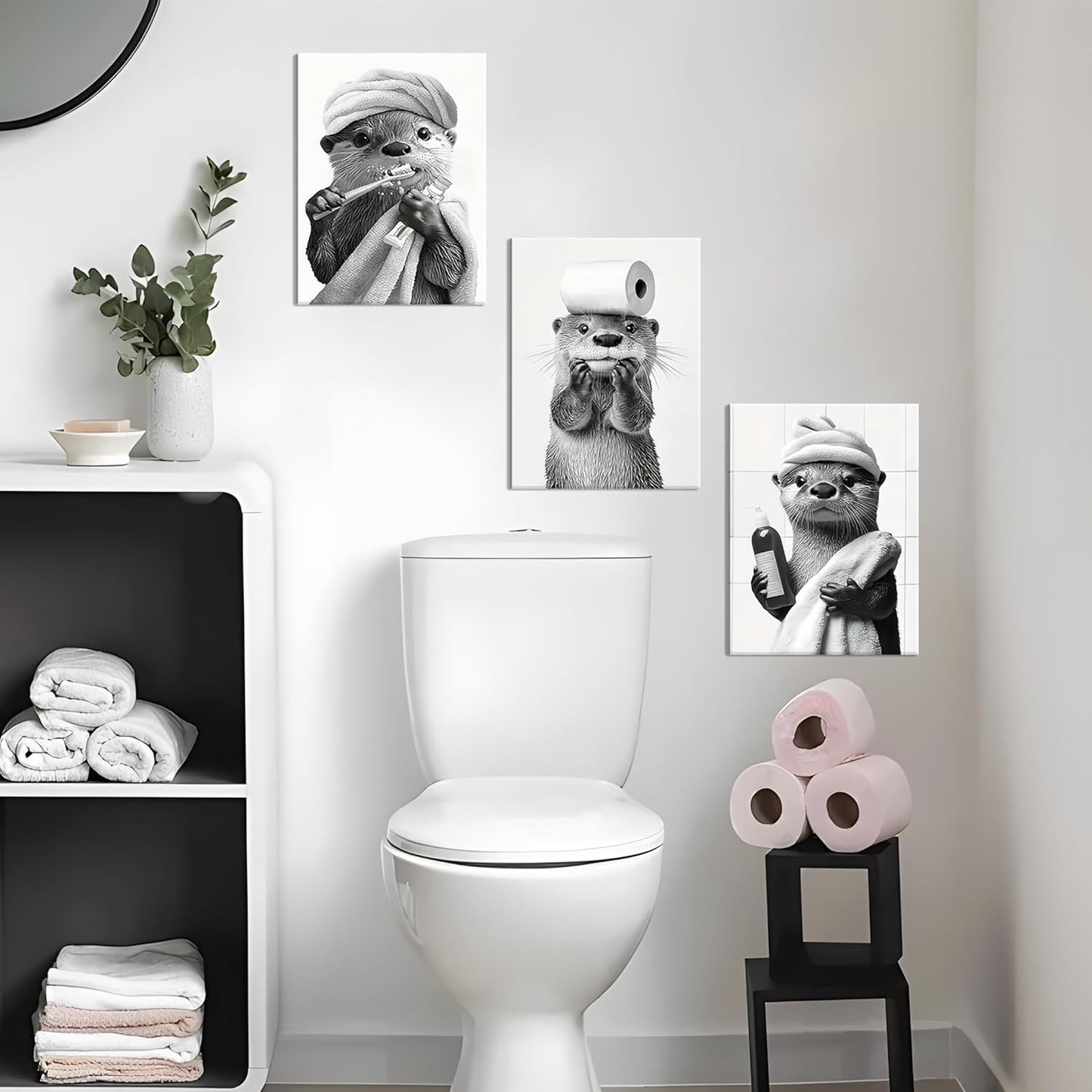 Skiennix Cute Bathroom Otter Canvas Wall Art - Set of 3 Black and White Prints | Funny Farmhouse Decor 12x16 Inch