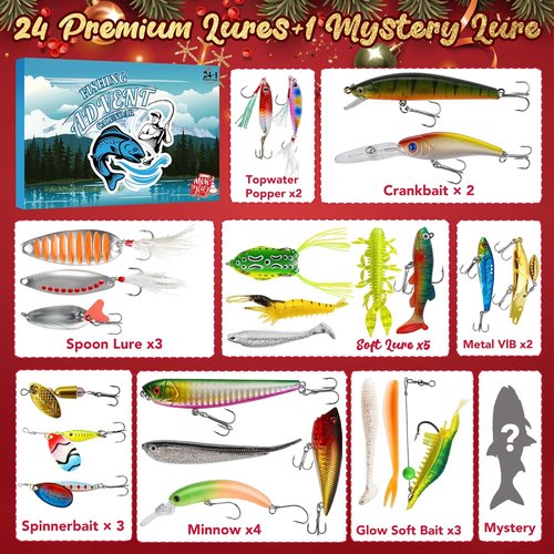 Fishing Advent Calendar 2025 - 24+1 Lures Set with Mystery Surprises | Perfect Gift for Men and Boys