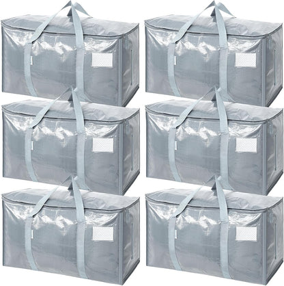 TICONN Extra Large Moving Bags - Heavy Duty Storage with Zippers & Handles | 6 Pack in Light Grey