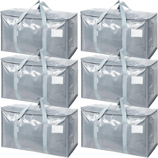 TICONN Extra Large Moving Bags - Heavy Duty Storage with Zippers & Handles | 6 Pack in Light Grey