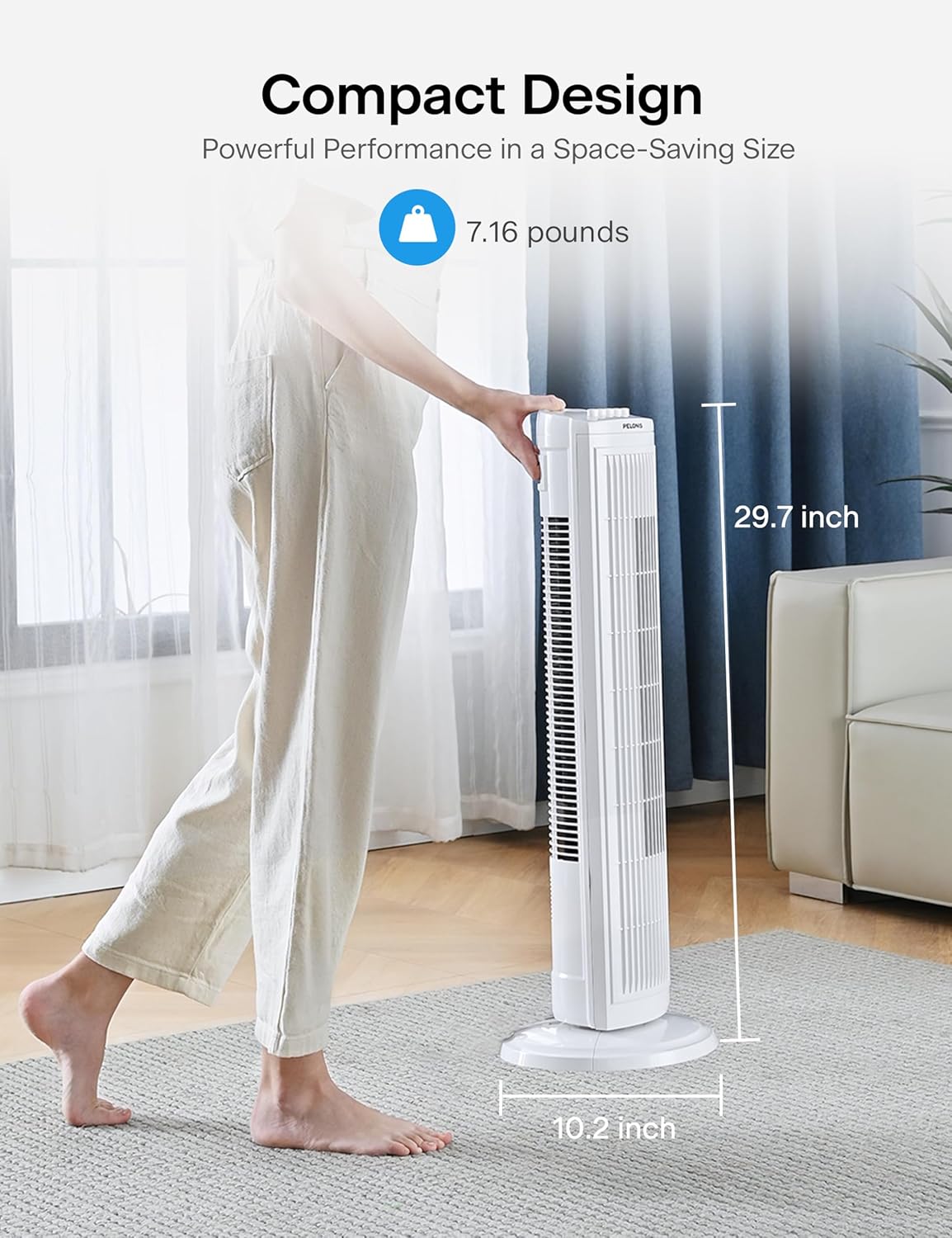 PELONIS 30-Inch Oscillating Tower Fan - 3 Speed Settings & Auto-Off Timer | Stylish White Design