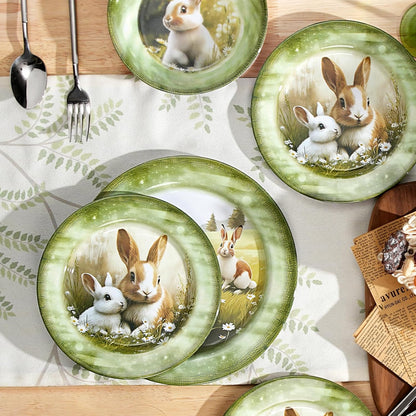 Skiennix 12-Piece Melamine Dinnerware Set - Lightweight Shatterproof Plates & Bowls for 4 | Green Bunny Design, Ideal for Outdoor Use