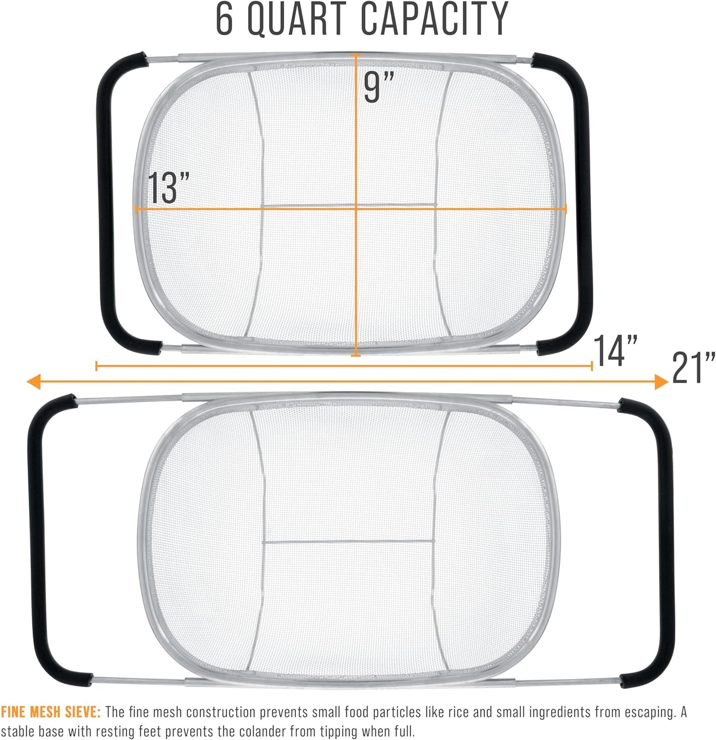 U.S. Kitchen Supply Stainless Steel Colander - 6-Quart Collapsible Design with Expandable Rubber Handles