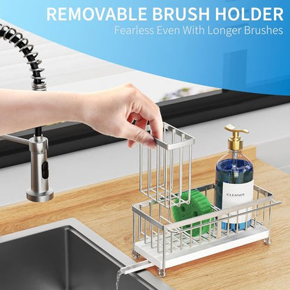 Cisily Sponge Holder for Kitchen Sink, Sink Caddy Organizer with High Brush Holder, Kitchen Countertop Organizers and Storage Essentials, Rustproof 304 Stainless Steel (Silver with Towel Rack, 9.25″)