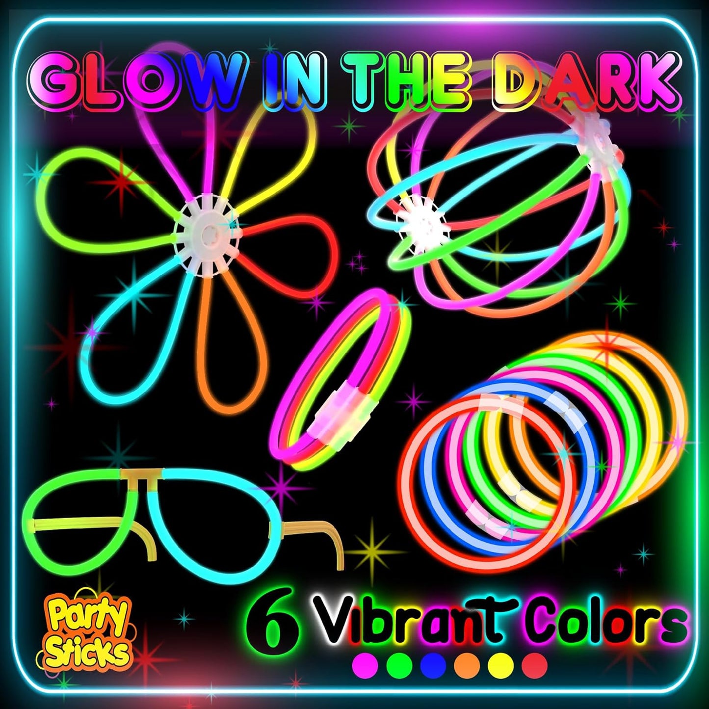 PartySticks Ultra Bright Glow Sticks - Glow in The Dark Party Supplies with Glasses, Bracelets & Connectors | Perfect for Halloween & 4th of July