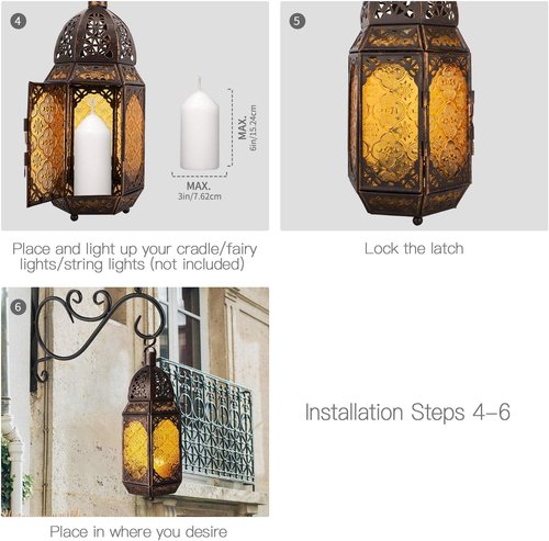 Lewondr Moroccan Style Metal Glass Candle Lantern - Portable Hanging Wind Lantern for Home & Garden - Copper & Yellow