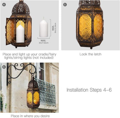 Lewondr Moroccan Style Metal Glass Candle Lantern - Portable Hanging Wind Lantern for Home & Garden - Copper & Yellow