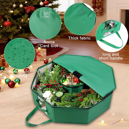 BrilliantJo Wreath Storage Bag - Hard Shell Christmas Decoration Case with Pockets | 24-Inch Green 600D Oxford Fabric