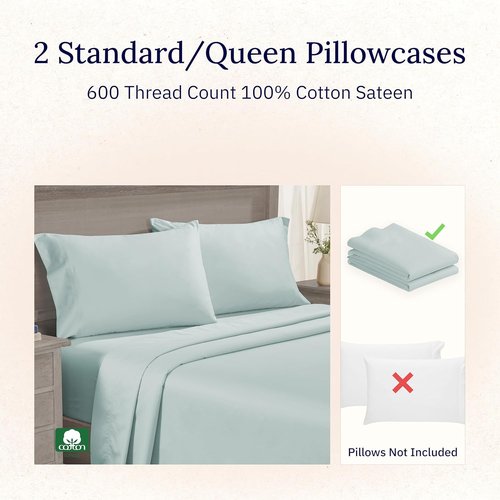 California Design Den Luxuriously Soft 600 Thread Count Cotton Pillowcase Set - Seafoam, Fits Standard & Queen Pillows