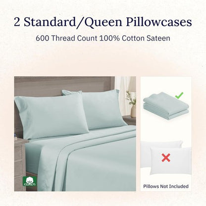 California Design Den Luxuriously Soft 600 Thread Count Cotton Pillowcase Set - Seafoam, Fits Standard & Queen Pillows