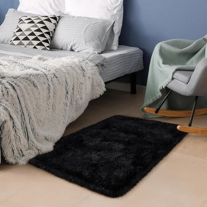 HOMORE Small Black Area Rug - Soft Fluffy 2x3 Feet Bedroom Mat | Ideal for Desk & Dorm Use