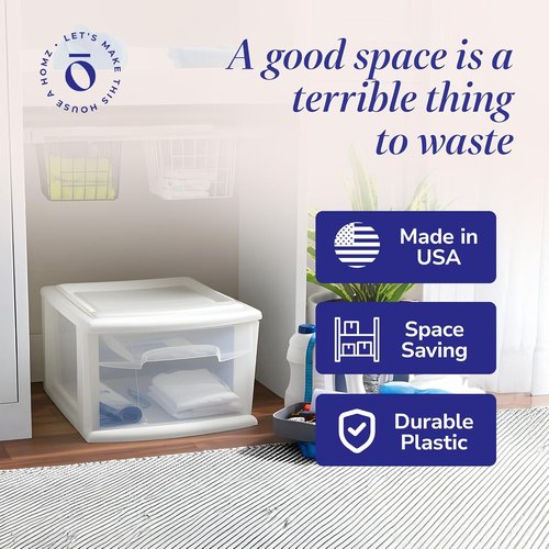 HOMZ 2-Pack Clear Plastic Storage Cart - 1-Drawer Organizers for Home, Office & Classroom | 14.25" Wide, White Frame
