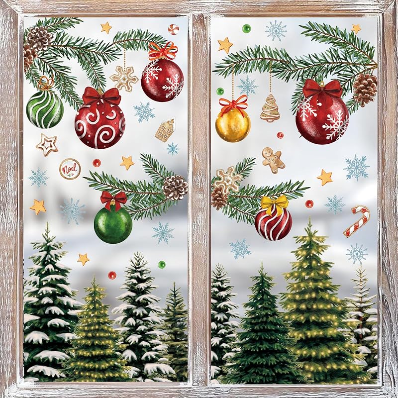 Vintage Christmas Window Cling 9 Sheets - Reusable Snow Tree Forest Decals for Home Office Classroom