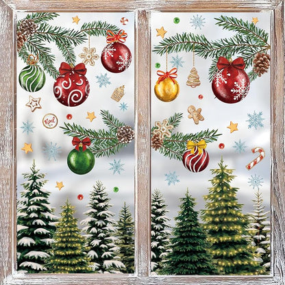 Vintage Christmas Window Cling 9 Sheets - Reusable Snow Tree Forest Decals for Home Office Classroom